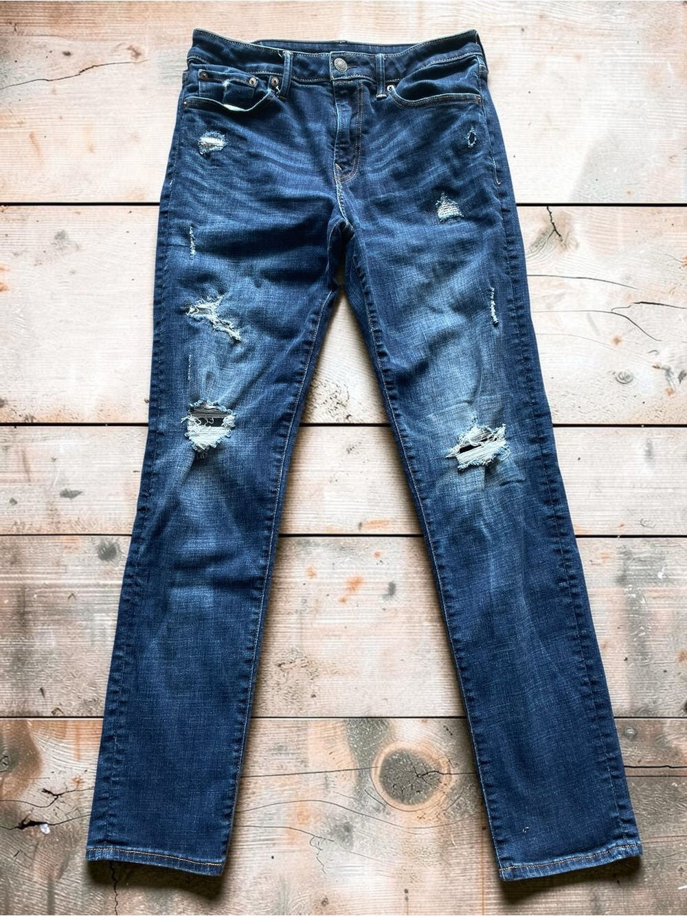 American Eagle Outfitters Men’s Dark Blue Distressed Straight Jeans Size 30x34